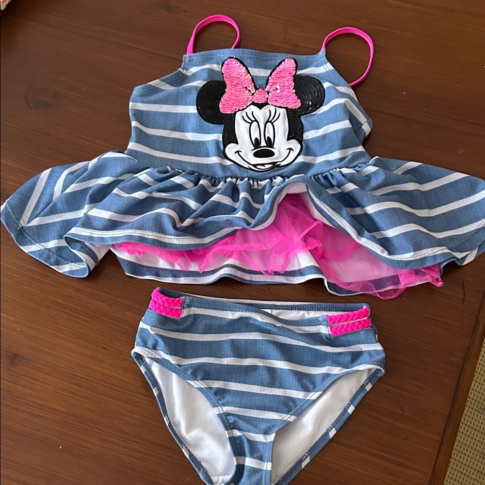 Disney Minnie Mouse Striped Blue and Pink Swimsuit